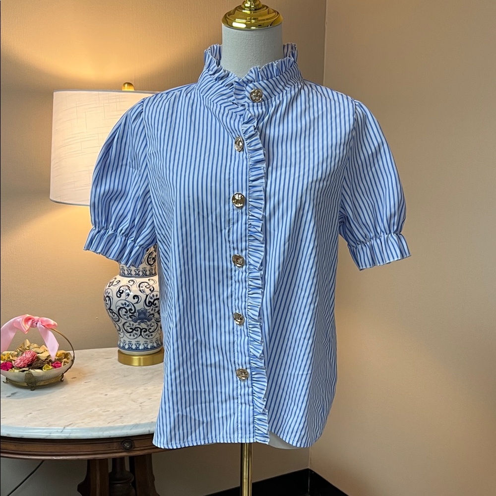 SHEIN Blue and White Striped Ruffle Button-Up Puff Sleeve Top